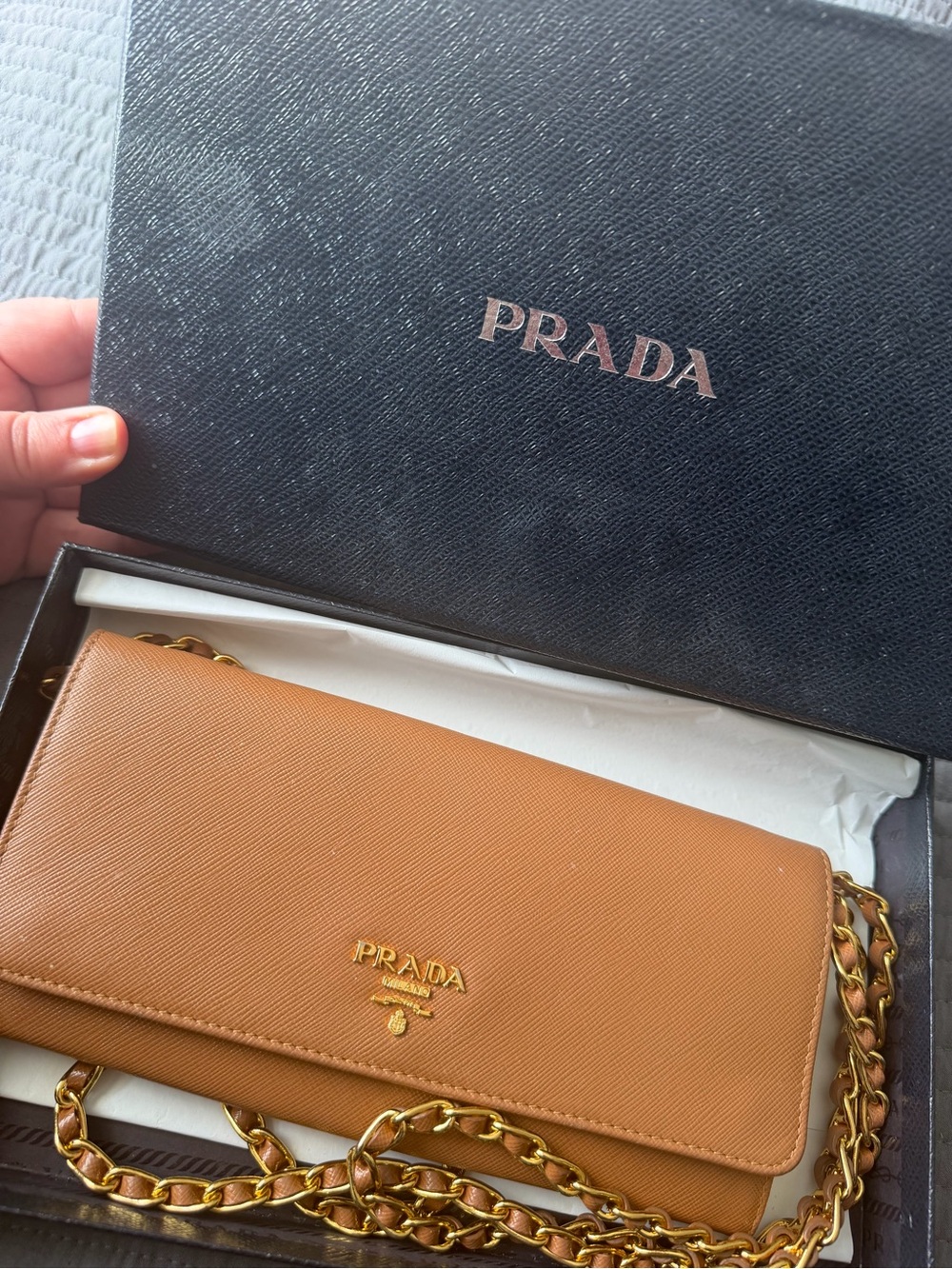 Prada Saffiano Caramel Leather Wallet on Chain WOC Gold Hardware